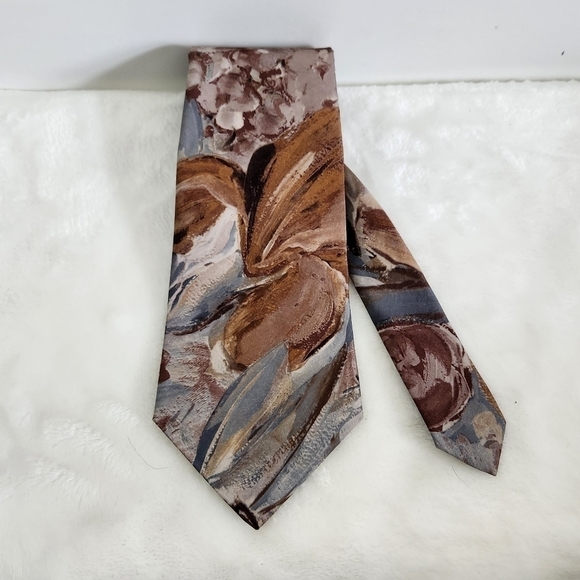 Adams Row Swirls Floral Flower Teal Blue Tan Brown Burgundy Necktie - Picture 2 of 11